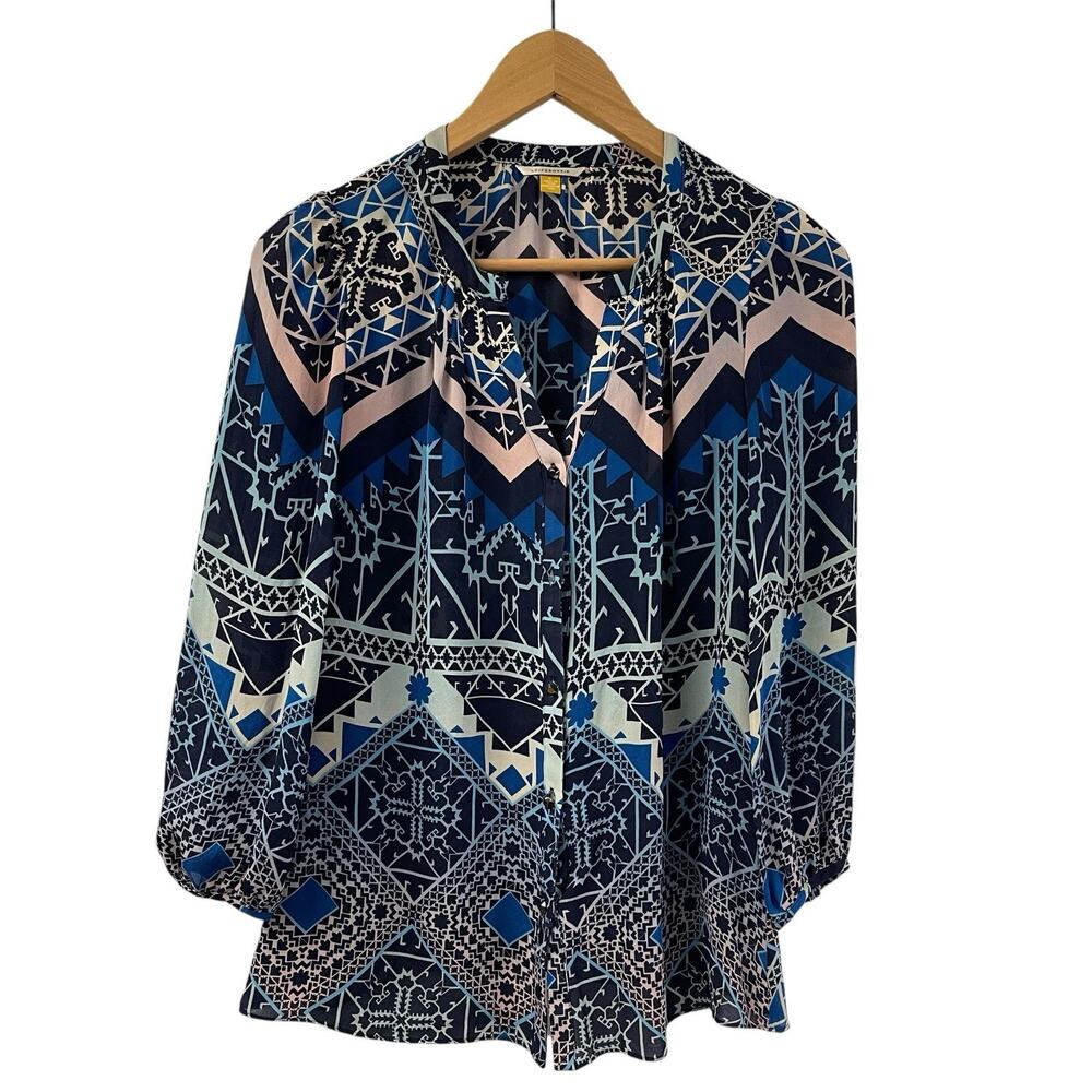 Leifsdottir 100% Silk Top Blouse Anthropologie Size 0 Blue Print Beautiful